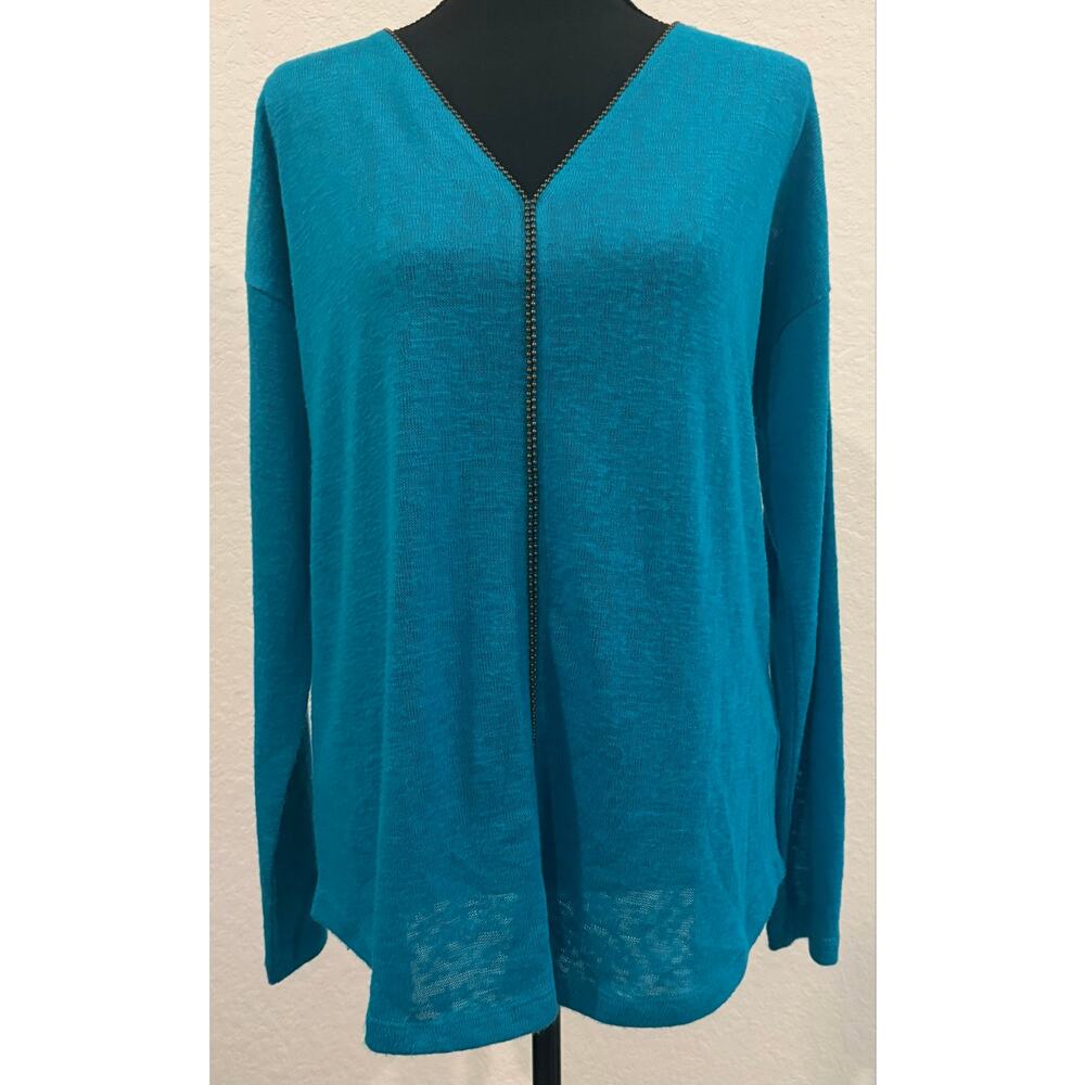 Soft Surroundings Turquoise Lightweight Beaded Trim Slub Sweater Size Medium